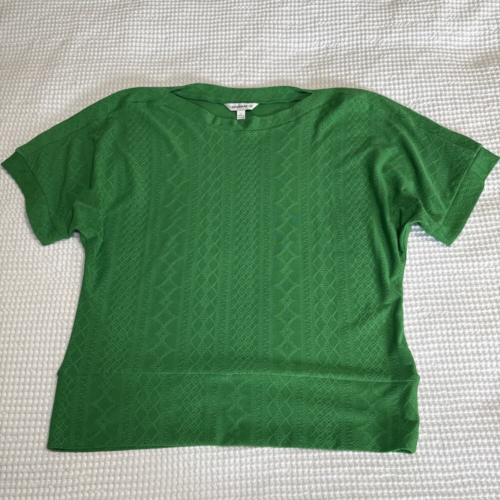 Counterparts Top Womens L Kelly Green Short Sleeve Boatneck Stretch Eyelet EUC
